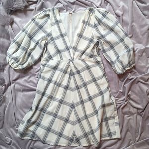 Free People Miss Molly White Grid Print Puffer Sleeve Mini Dress - Size 6